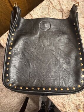 Black Leather Crossbody Bag with Gold Stud Trim